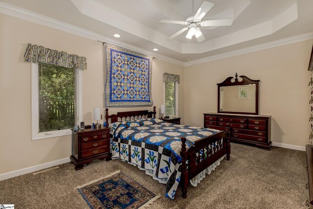 1004 Neely Farm Dr, Simpsonville, SC 29680 - carpeted bedroom featuring a tray ceiling, crown molding, baseboards, recessed lighting, and a ceiling fan