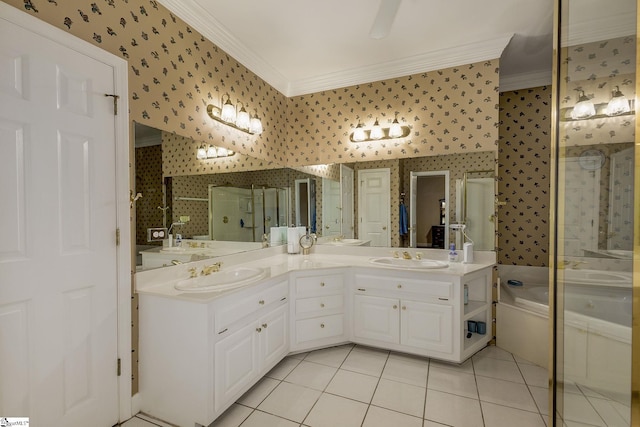 1004 Neely Farm Dr, Simpsonville, SC 29680 - full bathroom featuring ornamental molding, wallpapered walls, a stall shower, double vanity, and a garden tub