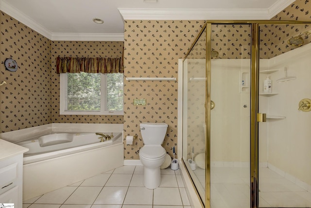 1004 Neely Farm Dr, Simpsonville, SC 29680 - full bath with wallpapered walls, crown molding, a bath, toilet, and a shower stall