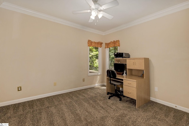 1004 Neely Farm Dr, Simpsonville, SC 29680 - home office featuring ornamental molding, dark carpet, ceiling fan, and baseboards