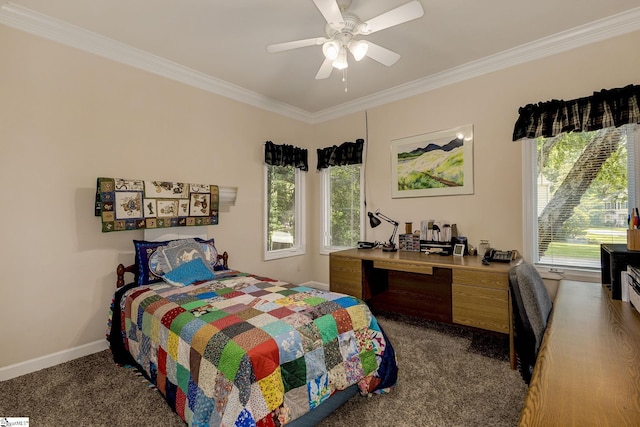 1004 Neely Farm Dr, Simpsonville, SC 29680 - bedroom featuring crown molding, dark carpet, a ceiling fan, baseboards, and an office area