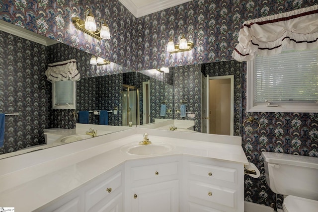 1004 Neely Farm Dr, Simpsonville, SC 29680 - full bathroom featuring wallpapered walls, toilet, vanity, a shower stall, and crown molding