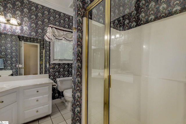 1004 Neely Farm Dr, Simpsonville, SC 29680 - full bathroom featuring tile patterned flooring, vanity, a shower stall, wallpapered walls, and toilet
