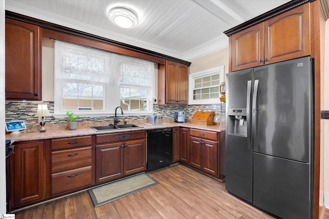 2100 Marchbanks Ave, Anderson, SC 29621 - kitchen with stainless steel fridge, a sink, black dishwasher, crown molding, and decorative backsplash