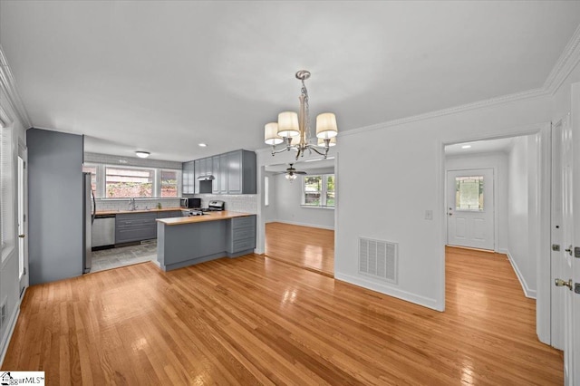 304 Robin Hood Rd, Greenville, SC 29607 - kitchen with gray cabinetry, a chandelier, stainless steel appliances, light wood-type flooring, and a peninsula