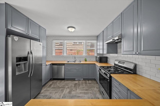 304 Robin Hood Rd, Greenville, SC 29607 - kitchen with appliances with stainless steel finishes, gray cabinetry, under cabinet range hood, a sink, and wood counters