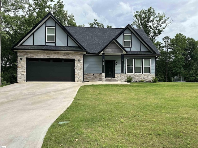 155 Cane Creek Way, Campobello, SC 29322 - tudor home featuring stone siding, driveway, a front lawn, and a shingled roof