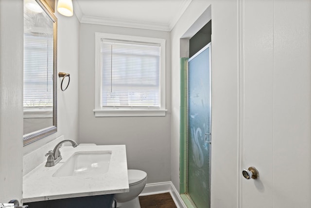 106 Chesterfield Rd, Greenville, SC 29605 - full bath featuring ornamental molding, a stall shower, toilet, baseboards, and vanity