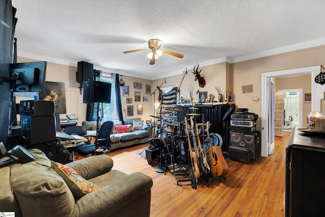 127 Orr St, Piedmont, SC 29673 - living area with ceiling fan, crown molding, hardwood / wood-style floors, and a textured ceiling