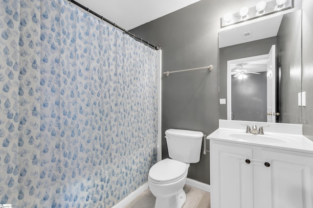 4 Yukon Dr, Greenville, SC 29605 - bathroom with toilet, vanity, a ceiling fan, tile patterned flooring, and a shower with curtain