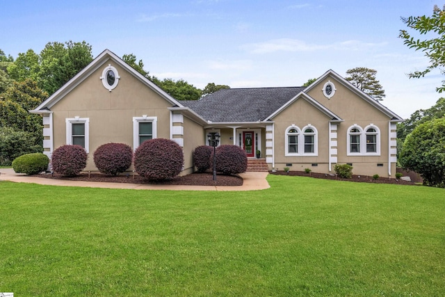 435 Grayson Dr, Moore, SC 29369 - single story home with crawl space, a front yard, stucco siding, and a shingled roof