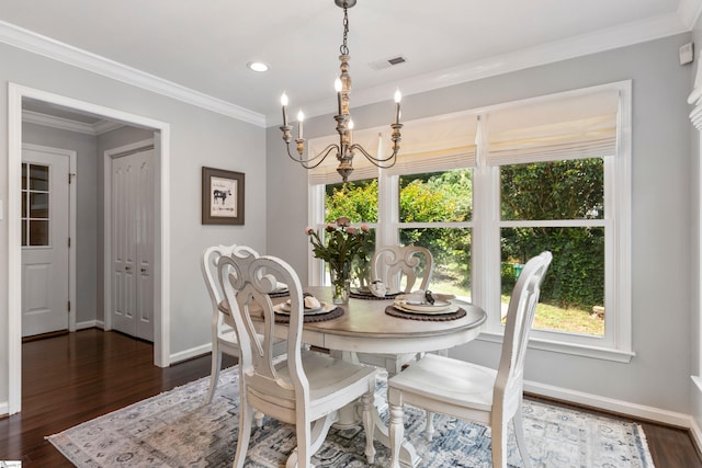 435 Grayson Dr, Moore, SC 29369 - dining room featuring a chandelier, baseboards, dark wood-style flooring, crown molding, and recessed lighting