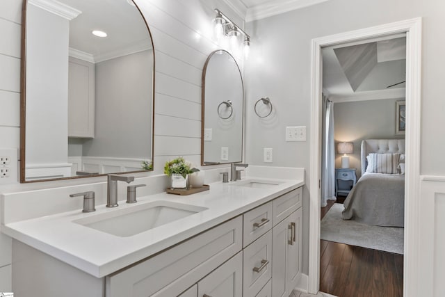 435 Grayson Dr, Moore, SC 29369 - full bathroom with crown molding, connected bathroom, double vanity, wood finished floors, and recessed lighting