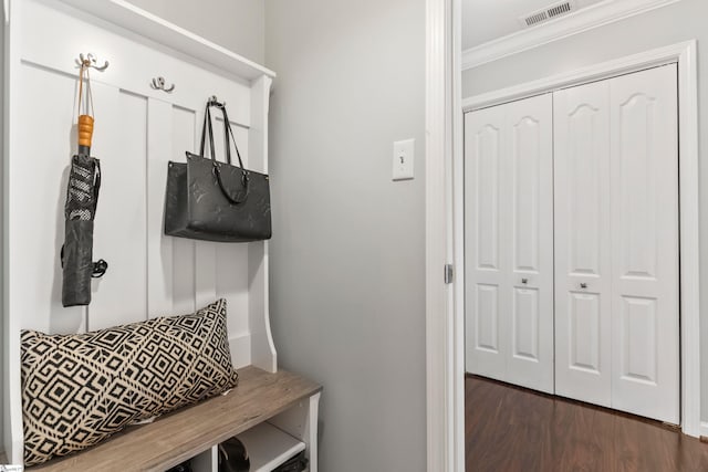435 Grayson Dr, Moore, SC 29369 - mudroom with crown molding and dark wood-style floors