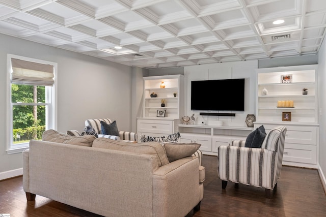 435 Grayson Dr, Moore, SC 29369 - living room with dark wood-style flooring, coffered ceiling, baseboards, and crown molding