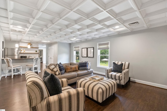 435 Grayson Dr, Moore, SC 29369 - living area with dark wood-style floors, baseboards, and coffered ceiling
