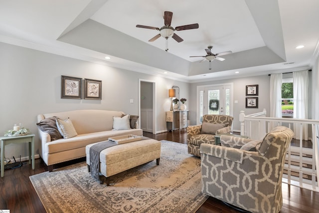 435 Grayson Dr, Moore, SC 29369 - living room featuring a raised ceiling, a ceiling fan, recessed lighting, dark wood-style floors, and crown molding