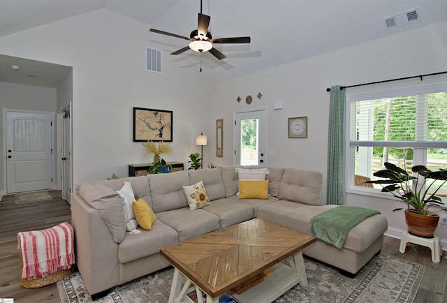 1608 Rock Springs Rd, Lavonia, GA 30553 - living area featuring light wood-style floors, vaulted ceiling, and ceiling fan