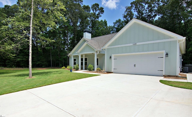1608 Rock Springs Rd, Lavonia, GA 30553 - view of front of home featuring a chimney, a front lawn, concrete driveway, an attached garage, and board and batten siding