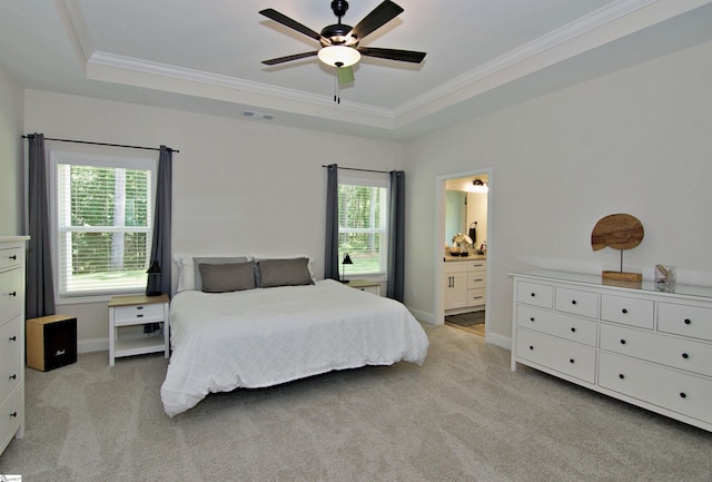 1608 Rock Springs Rd, Lavonia, GA 30553 - bedroom with light colored carpet, ornamental molding, a raised ceiling, and ensuite bath