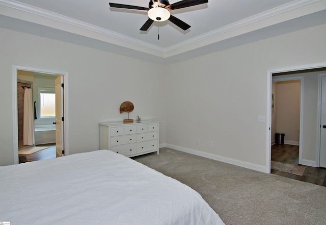 1608 Rock Springs Rd, Lavonia, GA 30553 - carpeted bedroom featuring ornamental molding, baseboards, connected bathroom, and ceiling fan