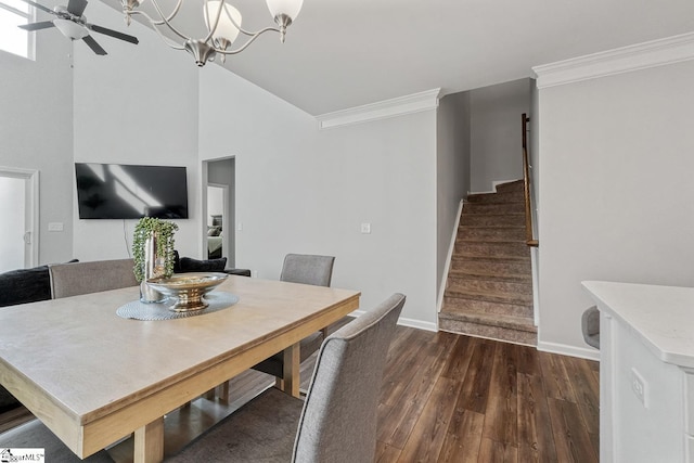 106 Cross Arbor Dr, Simpsonville, SC 29681 - dining area with stairway, dark wood-style floors, crown molding, baseboards, and a ceiling fan