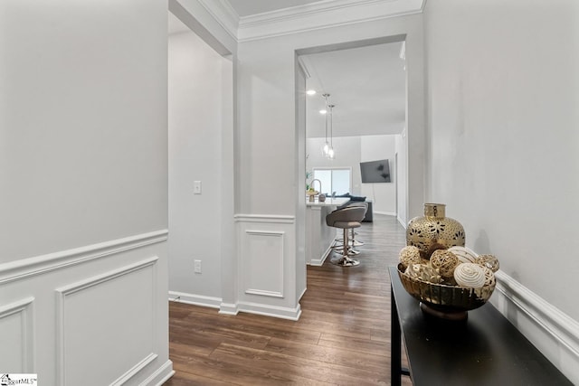 106 Cross Arbor Dr, Simpsonville, SC 29681 - hallway with attic access, dark wood finished floors, and ornamental molding