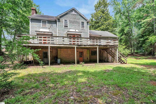 141 Shoreham Rd, Spartanburg, SC 29307 - rear view of property featuring a chimney, a wooden deck, stairs, and a yard