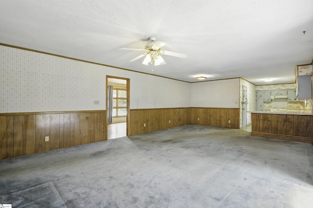 367 Janulis St, Spartanburg, SC 29301 - spare room featuring wainscoting, wallpapered walls, a ceiling fan, wooden walls, and carpet