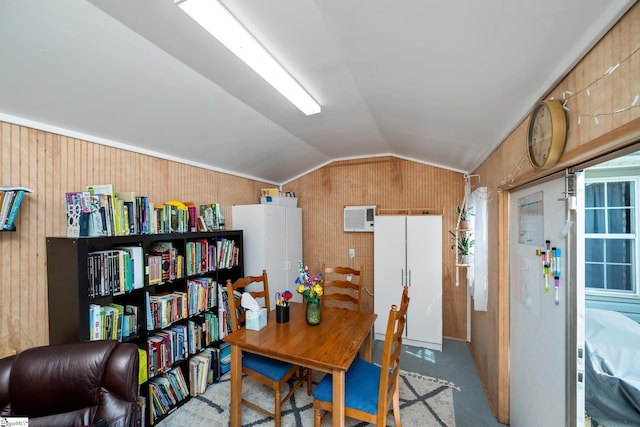 10 Sunset Mountain Ct, Travelers Rest, SC 29690 - carpeted dining space with lofted ceiling, a wall unit AC, and wood walls
