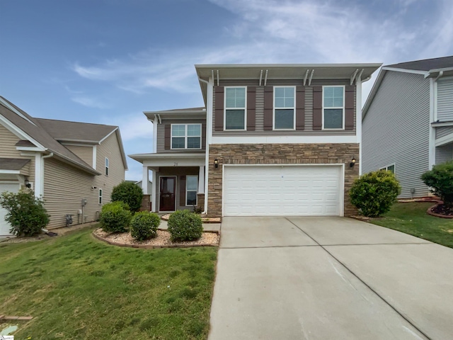 26 Jannison Rd, Boiling Springs, SC 29316 - view of front of property featuring stone siding, a garage, concrete driveway, and a front lawn
