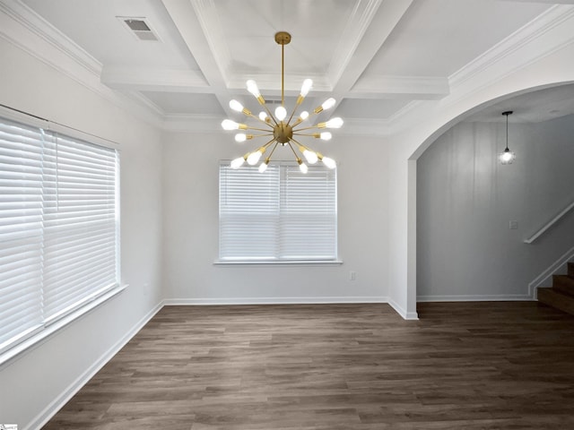 26 Jannison Rd, Boiling Springs, SC 29316 - empty room featuring arched walkways, coffered ceiling, a chandelier, beam ceiling, and dark wood-style floors