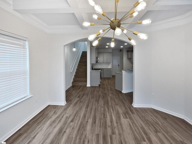 26 Jannison Rd, Boiling Springs, SC 29316 - unfurnished living room featuring arched walkways, coffered ceiling, baseboards, dark wood-style floors, and crown molding