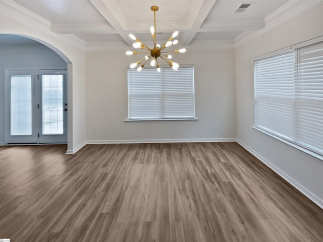 26 Jannison Rd, Boiling Springs, SC 29316 - unfurnished dining area with arched walkways, coffered ceiling, wood finished floors, beamed ceiling, and a chandelier