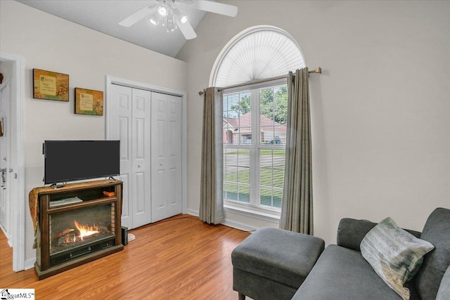 104 Pin Oak Dr, Greenwood, SC 29649 - sitting room featuring wood finished floors, vaulted ceiling, and a ceiling fan