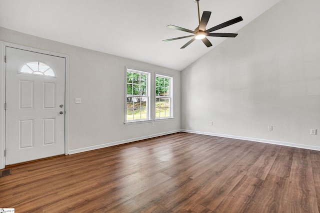 114 Tamelia Ct, Greer, SC 29650 - entryway with high vaulted ceiling, a ceiling fan, dark wood-style floors, and baseboards