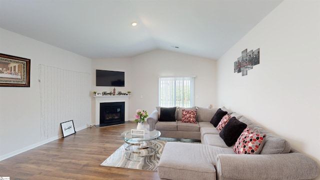 931 Brynderwen Pl, Lyman, SC 29365 - living area with lofted ceiling, wood finished floors, a glass covered fireplace, and baseboards