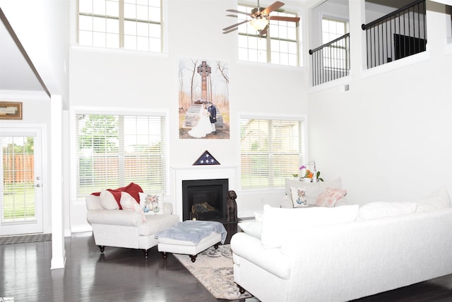 127 Riverland Woods Ct, Simpsonville, SC 29681 - living area with a ceiling fan, wood finished floors, a towering ceiling, a glass covered fireplace, and baseboards