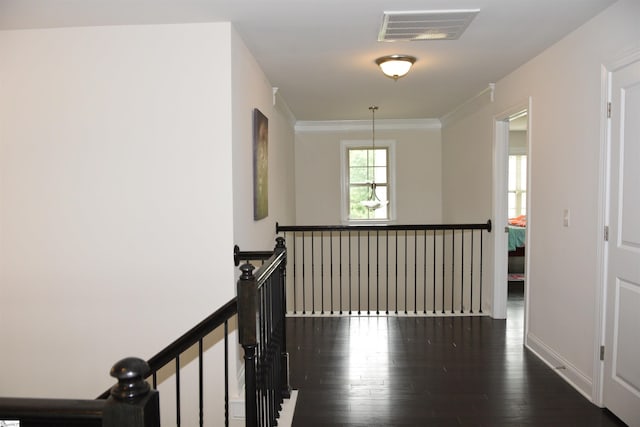 127 Riverland Woods Ct, Simpsonville, SC 29681 - hallway featuring an upstairs landing, hardwood / wood-style floors, baseboards, and crown molding
