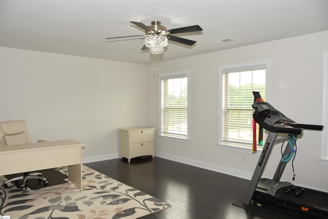 127 Riverland Woods Ct, Simpsonville, SC 29681 - office area with a ceiling fan, baseboards, and dark wood-type flooring