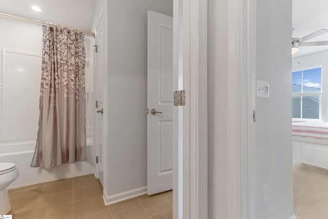 500 Briar Oaks Ln, Simpsonville, SC 29681 - full bathroom featuring toilet, shower / bath combo with shower curtain, ceiling fan, and tile patterned flooring