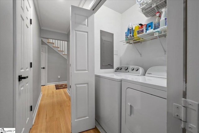 1250 Shadow Way, Greenville, SC 29615 - laundry area with electric panel, washing machine and clothes dryer, ornamental molding, light wood finished floors, and baseboards