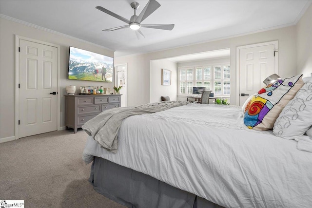 1250 Shadow Way, Greenville, SC 29615 - bedroom with ornamental molding, light carpet, and a ceiling fan