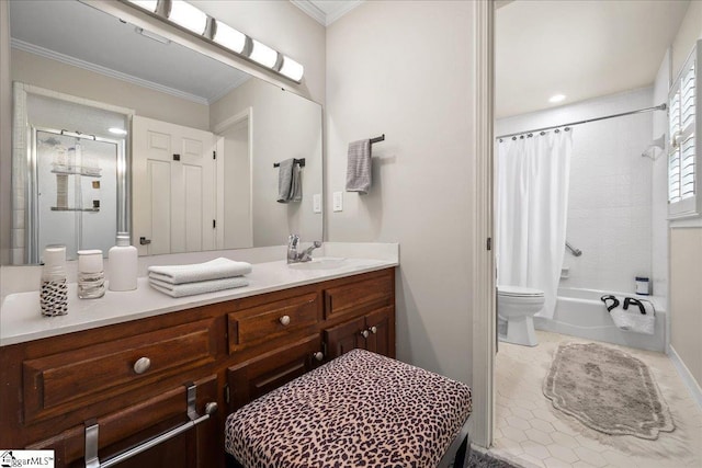 1250 Shadow Way, Greenville, SC 29615 - full bathroom with vanity, shower / bathtub combination with curtain, toilet, ornamental molding, and baseboards