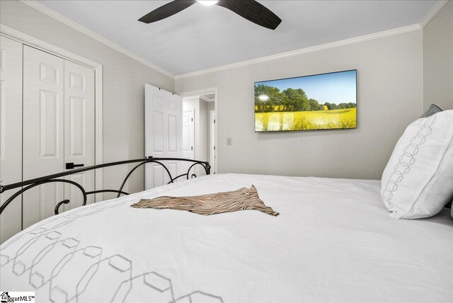 1250 Shadow Way, Greenville, SC 29615 - bedroom with crown molding, a ceiling fan, and a closet
