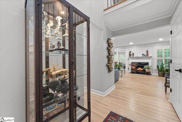 1250 Shadow Way, Greenville, SC 29615 - foyer entrance with ornamental molding, wood finished floors, a lit fireplace, baseboards, and recessed lighting