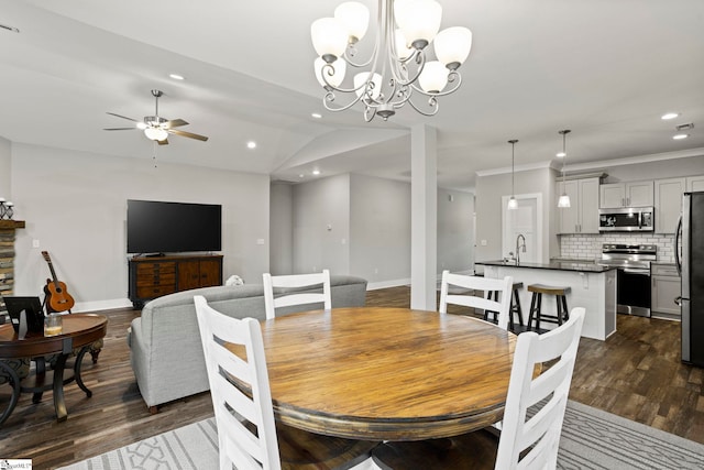 220 Plantation Rd, Greenville, SC 29605 - dining area with recessed lighting, dark wood-style floors, a ceiling fan, baseboards, and vaulted ceiling