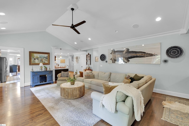 15 High Hill St, Greenville, SC 29605 - living room featuring ceiling fan, baseboards, wood finished floors, crown molding, and vaulted ceiling