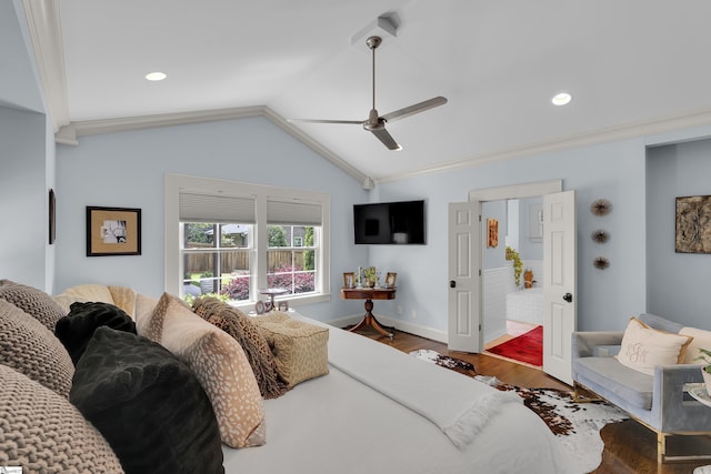 15 High Hill St, Greenville, SC 29605 - bedroom featuring wood finished floors, vaulted ceiling, a ceiling fan, recessed lighting, and baseboards