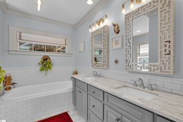 15 High Hill St, Greenville, SC 29605 - full bathroom featuring double vanity, a bath, crown molding, marble finish floors, and backsplash